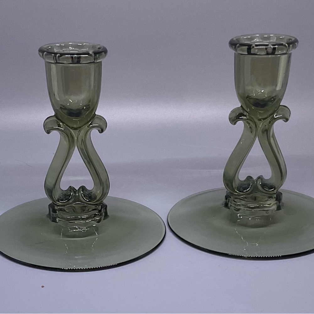 Vintage Viking Candlestick Holder Set of 2 Green Glass